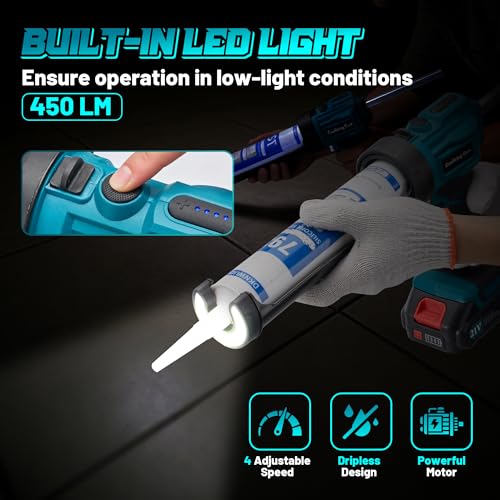 Electric Caulking Gun Cordless with 21V 2 * 2000mAh Rechargeable Batteries, 4 Adjustable Speeds up to 190 mm/min, 450LM built-in LED Light, 9 Pcs Silicone Caulking Tools set for Filling, Sealing