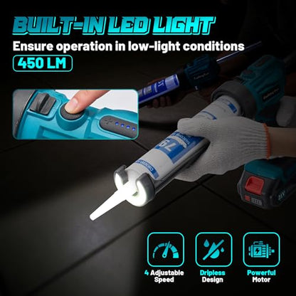 Electric Caulking Gun Cordless with 21V 2 * 2000mAh Rechargeable Batteries, 4 Adjustable Speeds up to 190 mm/min, 450LM built-in LED Light, 9 Pcs Silicone Caulking Tools set for Filling, Sealing