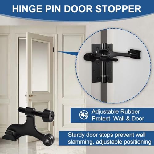 5 Pack Premium Hinge Pin Door Stopper Set, Adjustable Heavy Duty Door Stoppers with White Rubber Bumper Tips，Tool-Free Install, Quiet Close, Wall & Door Protection, Black (2-1/2" × 1-3/4")