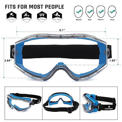 UKNOW Safety Goggles Over Glasses - Anti-Fog Clear Lens - ANSI Z87.1 Certified Eye Protection for Lab Work, Industrial Use - color: Blue