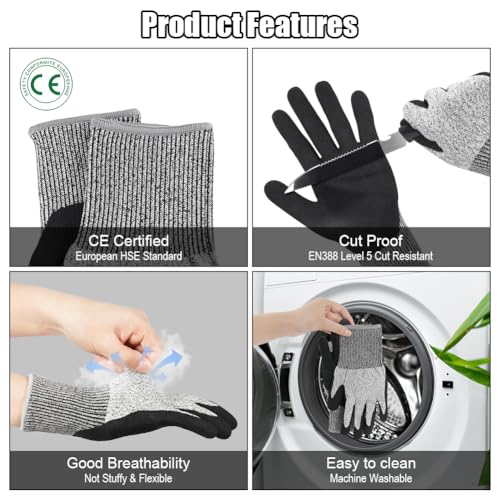 Ainiv Cut Resistant Gloves Level 5, Black Nitrile Coated Work Gloves Non-Slip Ultra-Grip for Work, Gardening, Fishing (L) - size: 2 Pairs-L