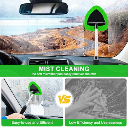 JUSTTOP Windshield Cleaner Tool, Car Interior&Exterior Window Cleaning Tool with Extendable Handle & 4 Reusable Microfiber Pads, Auto Glass Wiper Brush Kit for Cars (Green) - color: Green
