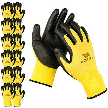 ACKTRA Ultra-Thin PU Safety WORK GLOVES 12 Pairs, WG002 Yellow/Black, Large - color: Yellow/Black, size: Large (Pack of 12)