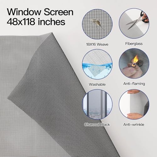 Window Screen Door Repair Kit Include Window Screens Mesh 48"x114" with All Tools in Window Screen Replacement(Screen Rollers, Splines, Hook), Yolovit - size: 48"x114"