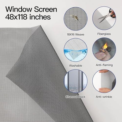Window Screen Door Repair Kit Include Window Screens Mesh 48"x118" with All Tools in Window Screen Replacement(2pcs Screen Rollers, Screen splines, Hook, Utility Knife and Ruler), Yolovit - size: 48"x118"