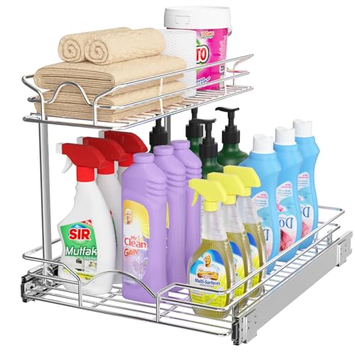 OCG Under Sink Cabinet Organizer Two Tier Pull Out Shelf (14.75W x 17D), Under Sink Sliding Shelf for Kitchen Bathroom Cabinet 2 Tier Chrome - size: 14.75W17D