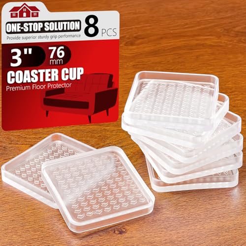 8 Pcs Clear Furniture Coaster Cups for Hardwood Floor, 3" Square Non-Slip Rubber Furniture Pads, Heavy Duty Anti-Skid Floor Protectors for Bed & Couch Leg, Odorless & Non-Staining Rubber Gripper Feet - size: 3“-Square
