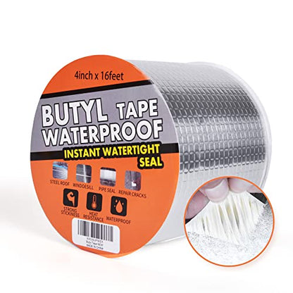 TAPEBEAR Butyl Tape Waterproof Sealing Tape Aluminum Foil Tape, for RV Repair, Window, Silicone, Glass & EDPM Roof Leak Patching, Boat and Pipe Sealing, Silver, 4inch x16feet - size: 100mm x 5m