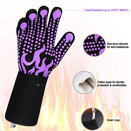 Comsmart BBQ Gloves, 1472 Degree F Heat Resistant Grilling Gloves Silicone Non-Slip Oven Gloves Long Kitchen Gloves for Barbecue, Cooking, Baking, Cutting - color: Purple, size: long