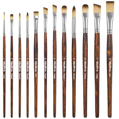 Nicpro 12PCS Artist Paint Brush Set, Craft Paint Brushes for Acrylic Painting, Oil, Watercolor, Gouache, Tempera, Face, Body, Fabric, Model, Art Supplies Paintbrushes for Artists Beginners (Wood) - color: Brown Wood