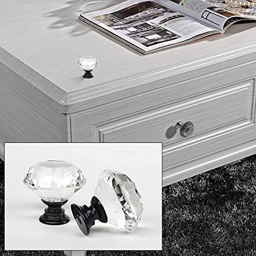 Akstore 6 Pcs Crystal Glass Cabinet Knobs 30mm Diamond Shape Drawer Kitchen Cabinets Dresser Cupboard Wardrobe Pulls Handles (30mm, Clear-Black) - color: Clear-Black, size: 30 mm