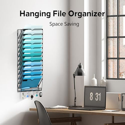 13 Tier Wall File Organizer - Hanging File Organizer with 5 Hooks, Mail Holder Wall Mounted for Papers, Folders, Magazines, Bills, Office&School Organization, Black - size: 13 Tier-Black