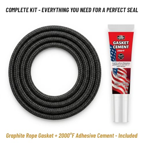 Midwest Hearth Wood Stove Replacement Gasket Kit – Made in USA Graphite Impregnated Fiberglass Rope Gasket & 2000°F Adhesive Cement for Woodburning Stoves (1/2" x 84" Rope) - size: 1/2" x 84" Rope