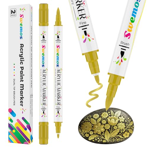 Swemos 2Pcs Gold Acrylic Paint Pens Markers, Dual Tip with Fine Tip and Brush Tip Pens Acrylic Paint Markers Waterproof Acrylic Markers Set for Rock, Canvas Stone, Wood, Glass, Metal (GOLD, 2) - style: GOLD