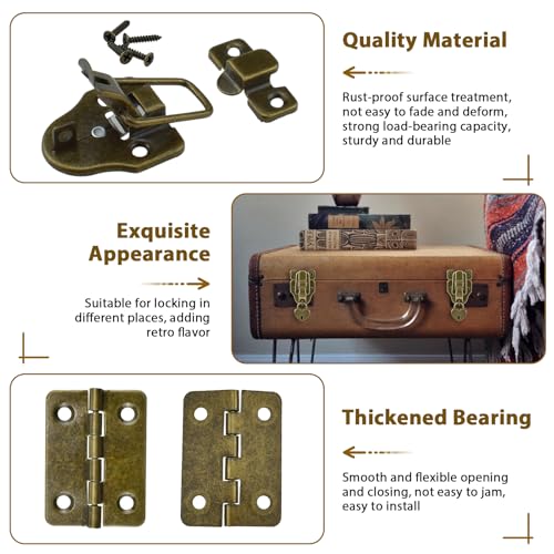Aifeier ET 2 Sets Retro Style Duckbilled Toggle Hasp Latch Heart-Shaped Padlock and Antique Folding Flush Hinge Kit with Mounting Screws for Jewelry Box Crate Furniture Decoration-Bronze