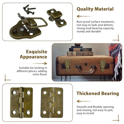 Aifeier ET 2 Sets Retro Style Duckbilled Toggle Hasp Latch Heart-Shaped Padlock and Antique Folding Flush Hinge Kit with Mounting Screws for Jewelry Box Crate Furniture Decoration-Bronze