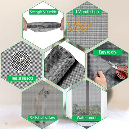 QWR Pet Proof Window Screen and Screen Door Replacement, 48"x 360" Upgraded Durable Thickened Vinyl Coated Wire-Like Mesh for Sliding Screen Door,Patio,Windows(Rolled Package Without Tool Kit) - size: 48"x 360"-Rolled /without Tool Kit