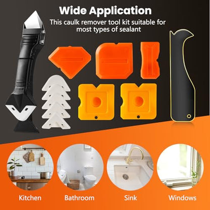 3 in 1 Silicone Caulking Tools（Stainless Steelhead), 12pack, Caulk Remover Tool Kit with Replace Silicone Padsgood Pads and Caulk Finishing Tools, Caulking Tool Kit for Kitchen, Bathroom