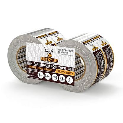 4 Pack Buck Aluminum Foil Tape – 3 Inch x 216ft (72 yd), 3.6 Mil – HVAC Tape for Ductwork, AC, Dryer Vents & Insulation – Silver Foil Tape for Metal Repair, Exhaust Sealing & Air Conditioning - size: 3 Inch, style: 4 Pack