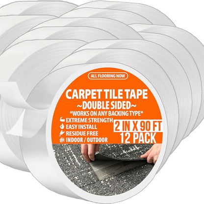Carpet Tile Tape Double Sided 4in x 90ft (Bulk 12 Pack) Heavy Duty Reinforced Web Mesh Residue Free Indoor Outdoor for Carpet Tiles, Hardwood, Vinyl, Rugs, Carpet, Rubber, Mat Gripper - size: 2 IN x 90 FT (12 Pack)