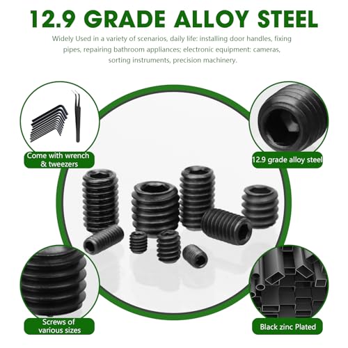 500 Pcs 25 Size Black Set Screw Assortment Kit, Alloy Steel Set Screws for Bathroom Fixtures Door Handles (M3-M8, 1/8"-40 to 5/16"-18)