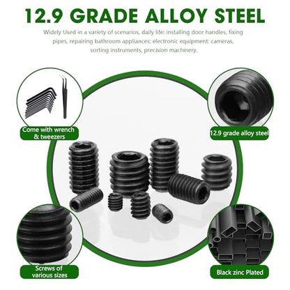500 Pcs 25 Size Black Set Screw Assortment Kit, Alloy Steel Set Screws for Bathroom Fixtures Door Handles (M3-M8, 1/8"-40 to 5/16"-18)
