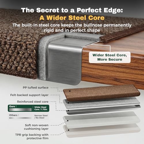 MBIGM Bullnose Non-Slip Stair Treads w/Reusable Adhesive 14 Pack 9.5" x 30" Wooden Steps Protection - TPU Backing with Steel Reinforcement - Anti-Slip Solution Knitted Brown Non Slip Stair Tread - color: Brown - Knitted