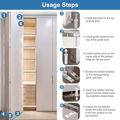 Bifold Door Hardware Repair Kit - 2 Pack with Parts for Bifold, Sliding, Closet, Pocket, Barn Doors Top & Bottom Brackets, 3/8" Pivot, 7/8" - 1" Guide Wheels Fits Common Track