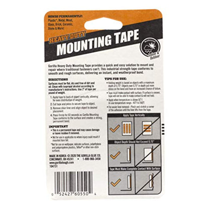 Gorilla - Heavy Duty Double Sided Mounting Tape; Weatherproof; 1" x 60"; Black; (Pack of 8) - size: 8 Pack
