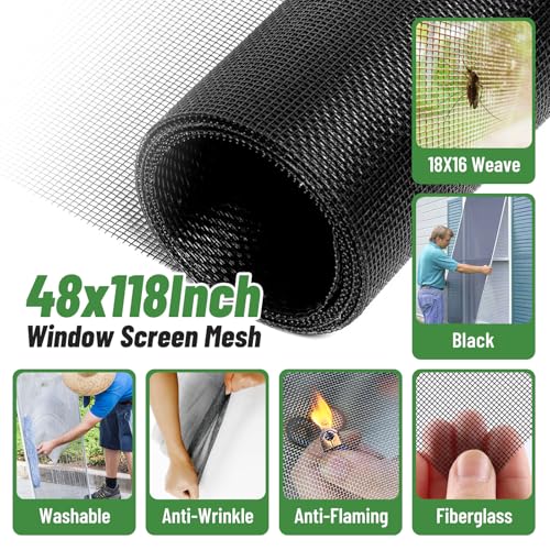 King&Charles Window Screen Door Repair/Replacement Kit, Includes Black Screen Mesh 48"x118"+ Versatile Screen Roller Tool+50Ft Spline+8Clips, Insect Screen, Pet Proof Window Mesh Kit - color: Black
