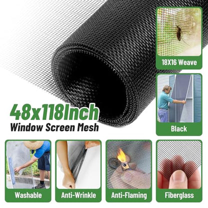 King&Charles Window Screen Door Repair/Replacement Kit, Includes Black Screen Mesh 48"x118"+ Versatile Screen Roller Tool+50Ft Spline+8Clips, Insect Screen, Pet Proof Window Mesh Kit - color: Black