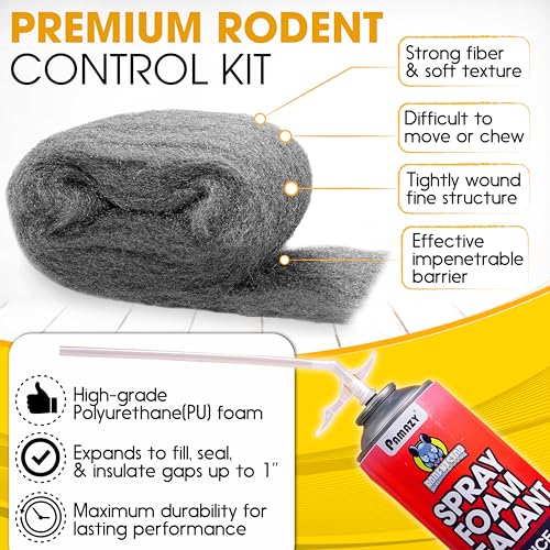 [Upgraded] Rodent Barrier Kit, Steel Wool Included PU Spray Foam Hole Filler for Mice Control 3.2"x7.5’ Rodent Control Fill Fabric, Gloves, Scissors,Gap Blocker in Hole Pipeline Vent in House, Garage - style: 1Pcs Steel Wool + 1Pcs Spray Foam