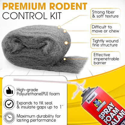[Upgraded] Rodent Barrier Kit, Steel Wool Included PU Spray Foam Hole Filler for Mice Control 3.2"x7.5’ Rodent Control Fill Fabric, Gloves, Scissors,Gap Blocker in Hole Pipeline Vent in House, Garage - style: 1Pcs Steel Wool + 1Pcs Spray Foam