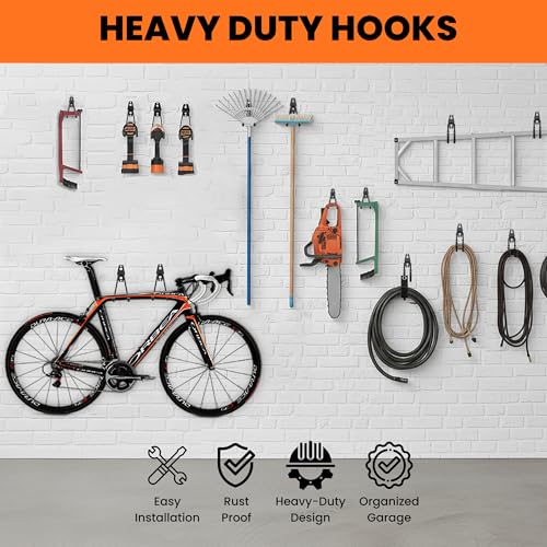 Pack 13 Garage Hooks Heavy Duty | Multi-Sized Wall-Mounted Tool Hangers with Anti-Rust PVC Coating | Heavy Duty Wall Hooks for Bikes, Ladders, Garden Tools, and More with Garage Wall Organizer