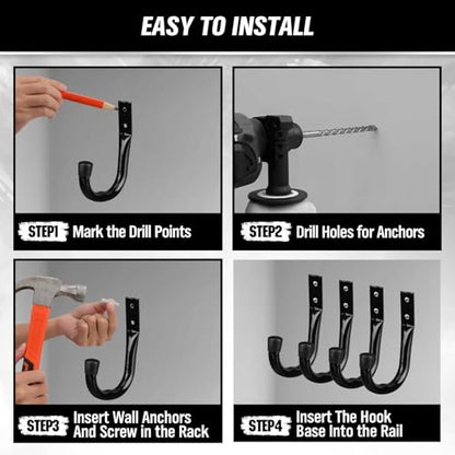 Heavy Duty Garage Storage Hooks, 6-piece Bike Hooks for Garage Wall, Utility Garage Hooks, Wall Mount J Hook for Hanging, Large Metal Storage Organizer Tool, Extension Cord Hanger - style: 6-Piece Black