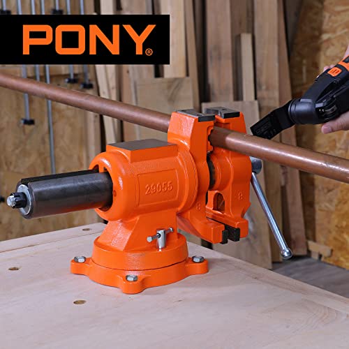 PONY Heavy Duty Bench Vise, 5-inch Jaw Width and Opening, 360-Degree Swivel Base With Anvil, Utility Combination Pipe Home Vise for Woodworking, One-Pair Vise Jaw Pad Included - style: 5-inch Jaw Opening