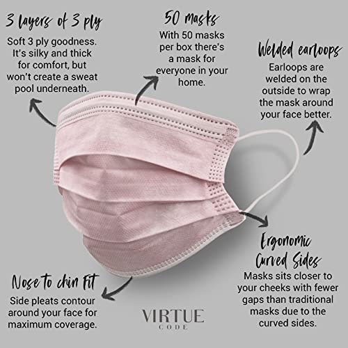 VIRTUE CODE On The Go Curved Face Masks - Soft 3 Ply Comfort 50 Disposable Face Masks - color: Pink