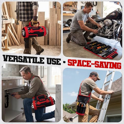 Roll Up Tool Bag, Heavy Duty See-Through Tool Roll Organizer with 2 Detachable Pouches, Portable Mechanic & Motorcycle Tool Bag, Birthday & Father’s Day Gift, Red - color: Red