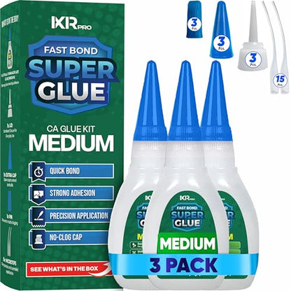 CA Glue Medium Viscosity Kit (3x1.75 oz.) Cyanoacrylate Glue, Super Glue for Everyday Repairs, Woodworking, Plastic, Ceramic, and DIY Crafts, Quick-Drying Multi-Purpose Adhesive with Easy Application - size: 3 Pack, style: Medium CA Glue