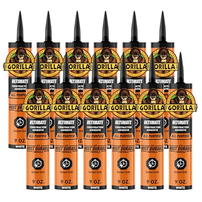 Gorilla Construction Adhesive Ultimate, 9 ounce Cartridge, White (Pack of 12) - size: 12 - Pack