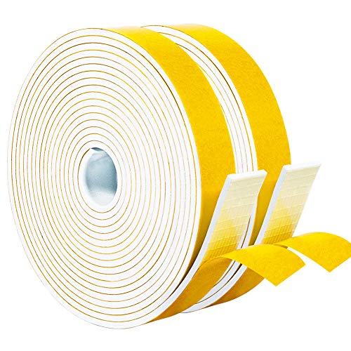 Yotache White Foam Seal Strips Tape 1" X1/8", High Density Closed Cell Foam Weather Stripping for Doors and Windows Insulation, Total 33 Feet Long (2 X 16.5 Ft Each) - size: 1"x1/8"x33 FT