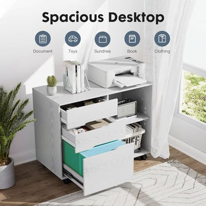 DUMOS Lateral File Cabinet with 3 Drawers Rolling Filing Cabinets Under Desk Storage Printer Stand Wood Organizer with Wheels Adjustable Shelf for Office Home Small Space, White - color: Classic White