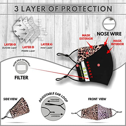 Washable Face Mask with Adjustable Ear Loops & Nose Wire - 3 Layers, Made in USA - color: Leopard Pattern