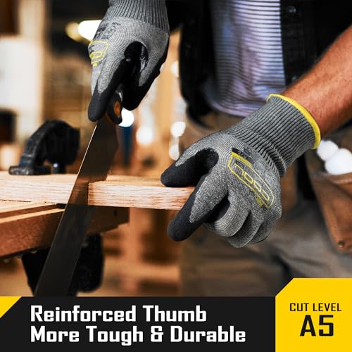 COOLJOB ANSI A5 Cut Resistant Gloves 12 Pairs, Nitrile Rubber Dipped Safety Work Gloves for Men, Knife Proof with Grip Coating for Construction Warehouse Glass Wood Work, Grey Xlarge - size: X-Large, style: A5 Pack of 12