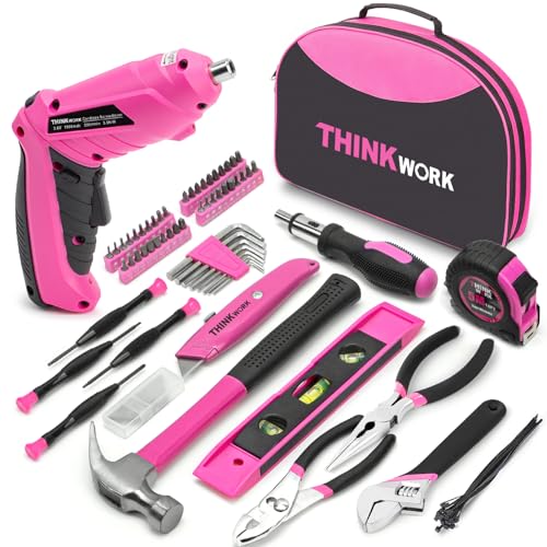 THINKWORK 122-Piece Pink Tool Set with 3.6V Rotatable Electric Screwdriver, Home Tool Kit for Women with Easy Carrying Round Pouch, Ladies Pink Tool Kit for Home Maintenance, DIY, Gifts - style: 122-Piece