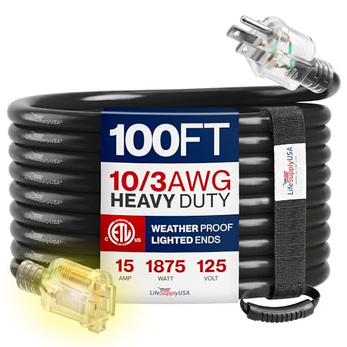 100ft Outdoor/Indoor Extension Cord 10/3 Gauge Ultra Heavy Duty 3 Prong SJTW, Waterproof, ETL Listed, Flexible Cold-Resistant Long Power Cord,15A 125V 1875W, Black by LifeSupplyUSA - color: Black, size: 100 FT, style: 10 Gauge (ULTRA HEAVY DUTY)