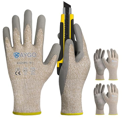 KAYGO Cut Resistant Gloves Polyurethane Coated, 3 Pairs ANSI Cut Level A3, Superior Grip Performance,Safety Work Gloves For Men and Women, Ideal for General Duty Work,L - color: Beige Ansi A3, size: Large