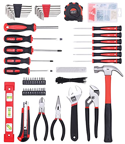 FASTPRO 215-Piece Home Repairing Tool Set with 12-Inch Wide Mouth Open Storage Bag, Household Hand Tool Kit,Red - color: Red