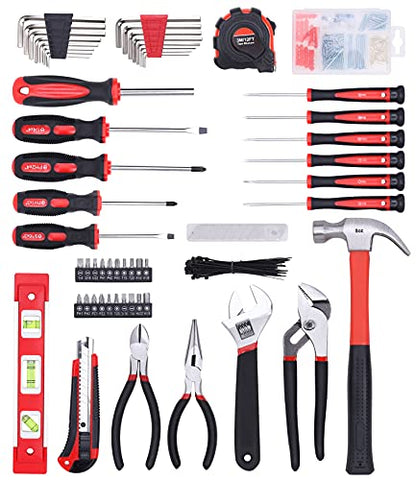 FASTPRO 215-Piece Home Repairing Tool Set with 12-Inch Wide Mouth Open Storage Bag, Household Hand Tool Kit,Red - color: Red