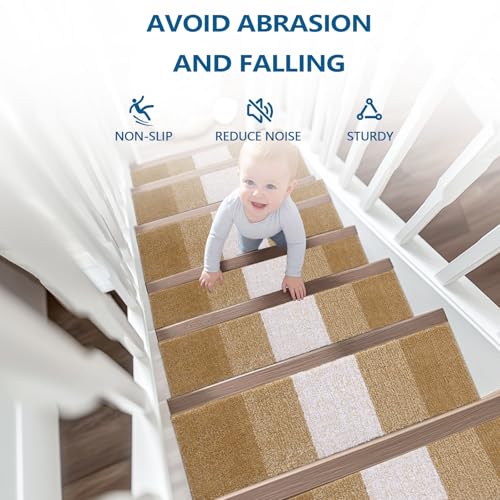 OLANLY Stair Treads Non Slip 15PCS, 8" x 30" Indoor Stair Runners for Wooden Steps, Edging Stair Rugs with Reusable Peel and Stick Adhesive for Kids Elders and Pets, Camel - color: Camel